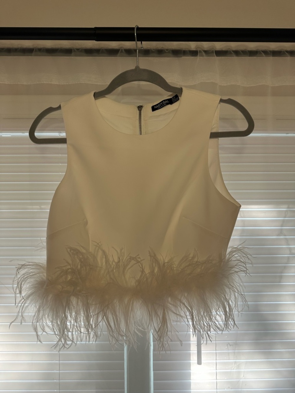 Nasty Gal Ivory Feather Trim Sleeveless Crop Top